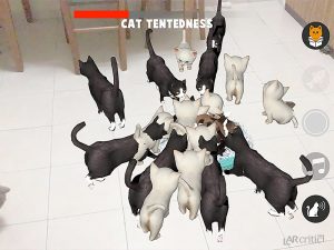 Many virtual cats in my living room eating from a bowl