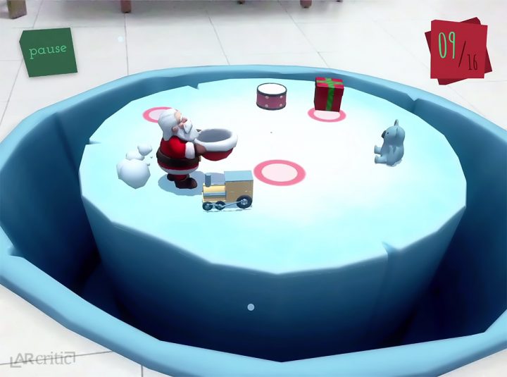 Santa using his hat to catch presents, AR game screenshot
