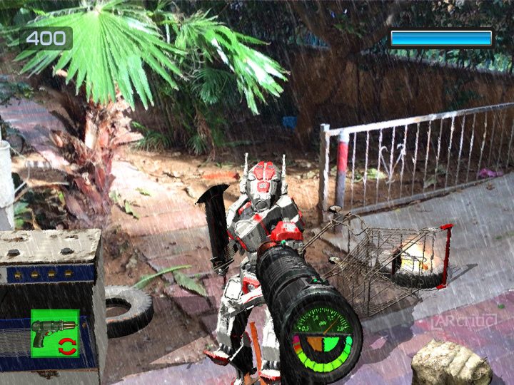 First-person shooter in AR in the rain