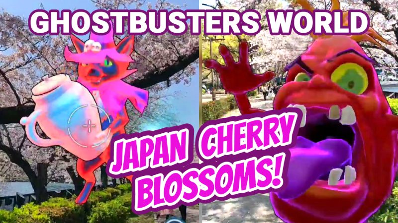 Ghostbusters world with cherry blossoms